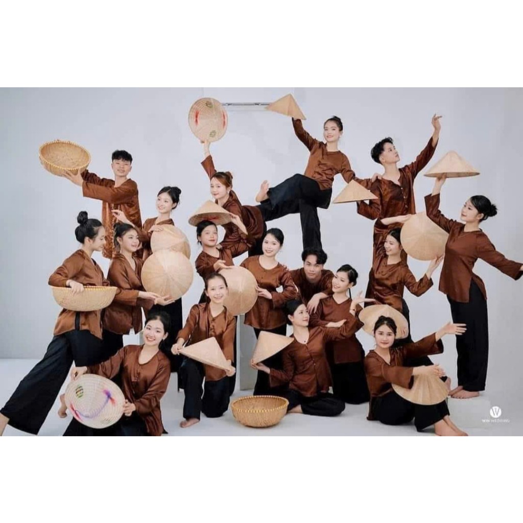 BỘ ÁO BÀ BA NAM NỮ TRUYỀN THỐNG BIỂU DIỄN VĂN NGHỆ MÀU NÂU, ÁO CÁNH TRƠN KÈM QUẦN MAY SẴN NGƯỜI LỚN 