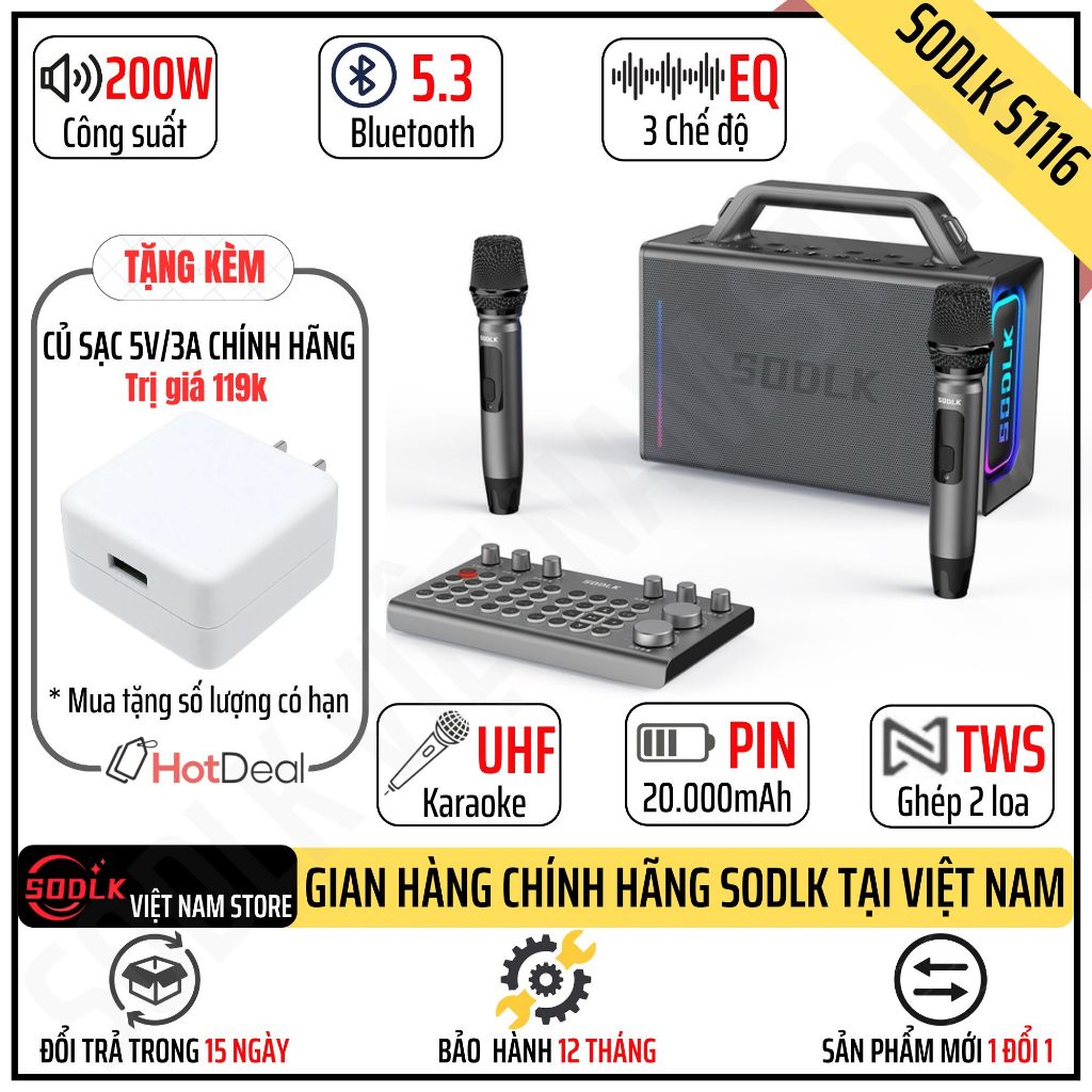 Loa Karaoke Di Động SODLK S1116 Công Suất 200W Kèm Bộ Soundcard DSP Siêu Trầm Led RGB Bản cập nhật c