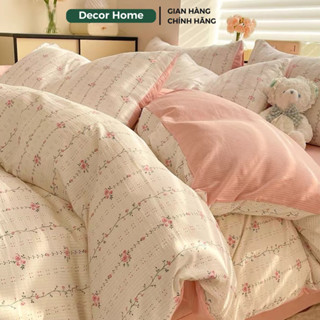 Bộ chăn ga gối 4 món cotton đũi họa tiết vintage hoa nhí decor phòng Hàn Quốc drap nệm bo chun phủ giường Otama Bedding
