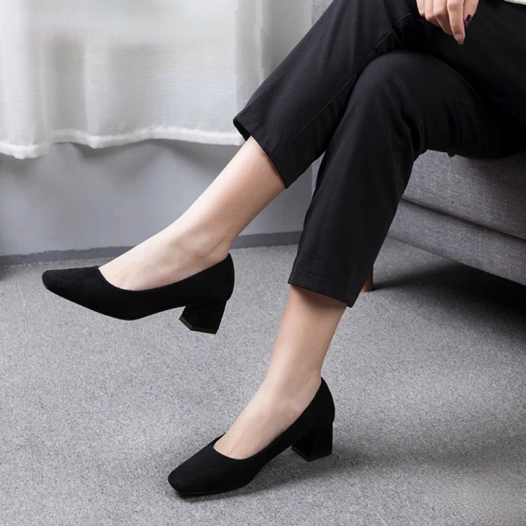  Giày cao gót 3 phân mũi vuông  guốc 3 phân & 5 phân & 7 phân chất liệu xi lộn cao cấp -3004XL 