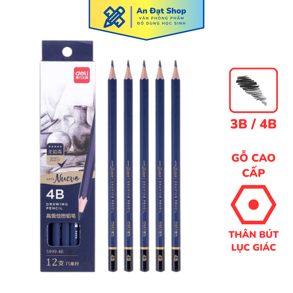 (Hộp 12 Cây) Bút Chì Gỗ Cao Cấp 3B 4B 6B Deli S999