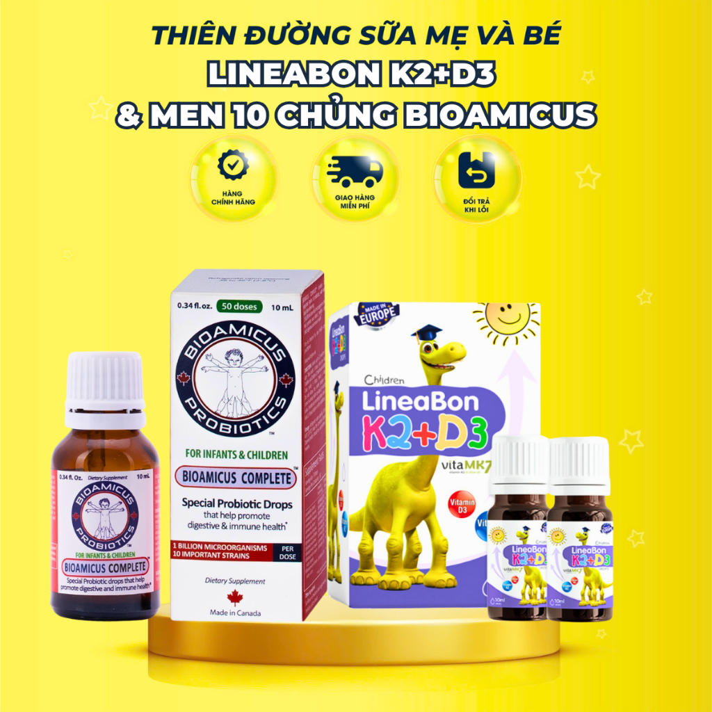 Combo LineaBon K2+D3 bổ sung vitamin k2d3 cho bé và men 10 chủng BioAmicus bổ sung lợi khuẩn đường r
