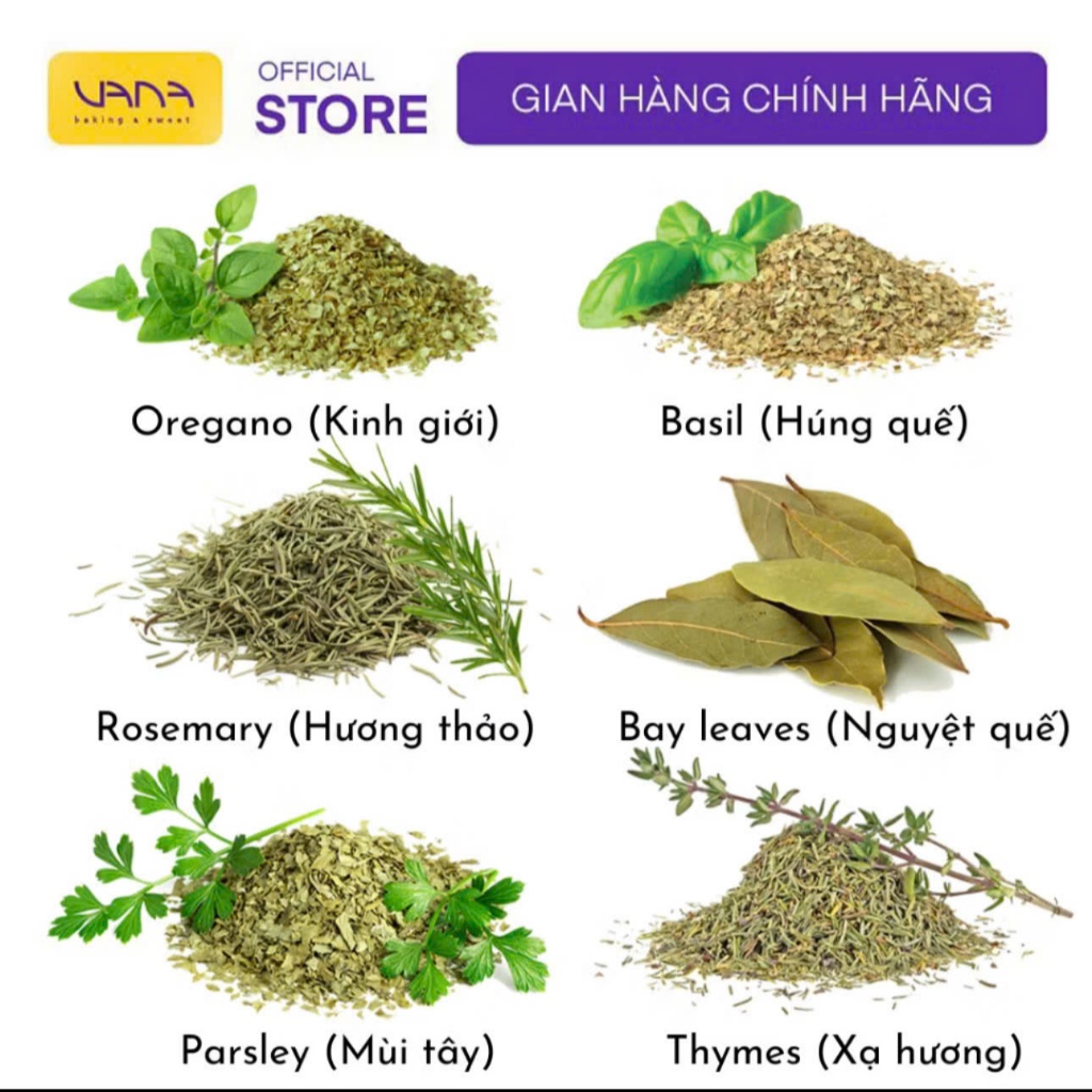 LÁ THƠM KHÔ, LÁ GIA VỊ GÓI CHIA NHỎ OREGANO, BASIL, THYME, BAY LEAVES, ROSEMARRY, MIX HERBS