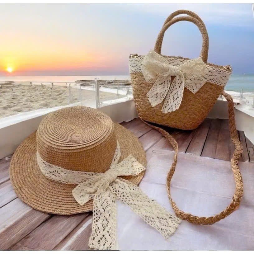 Combo Túi cói nhỏ đeo chéo nơ ren + mũ vành nhỏ nơ ren | BigBuy360 - bigbuy360.vn