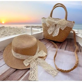 Combo Túi cói nhỏ đeo chéo nơ ren + mũ vành nhỏ nơ ren
