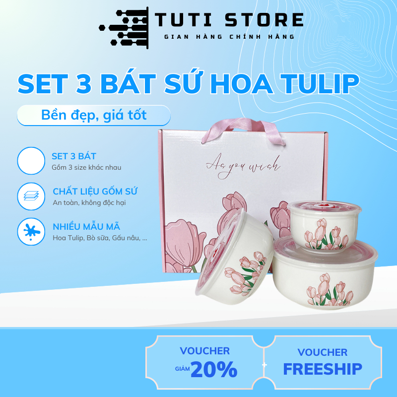 Bộ bát sứ hoa Tulip có nắp hút chân không kèm hộp quà tặng, tô sứ dễ thương có nắp