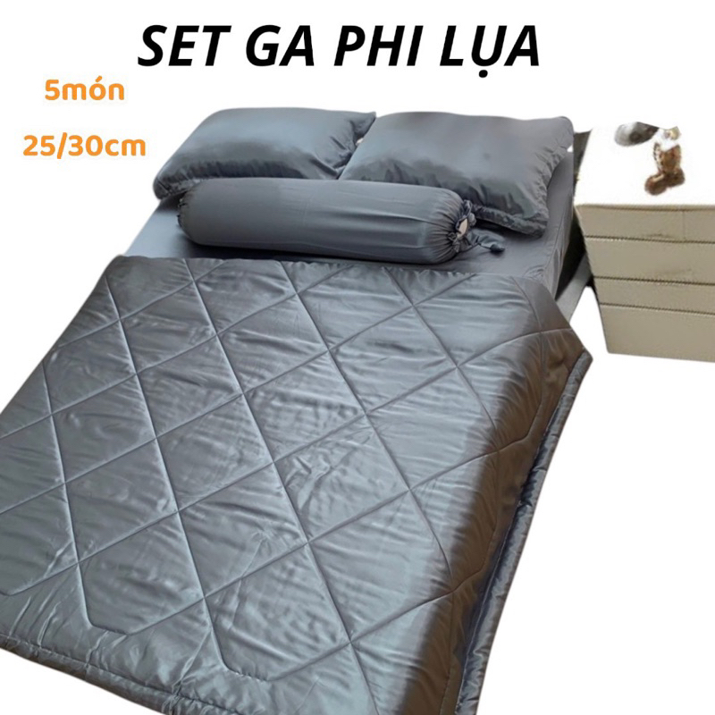 [4-5 MÓN 25/30cm] Bộ ga gối chăn phi lụa 1M6, 1M8 shopee ( chiều cao 22-30cm)