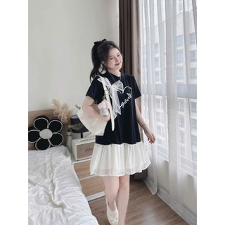  Đầm babydoll in trái tim thun gân cổ tròn tay ngắn đính nơ xinh lai váy phối tơ nhún bèo dễ thương 