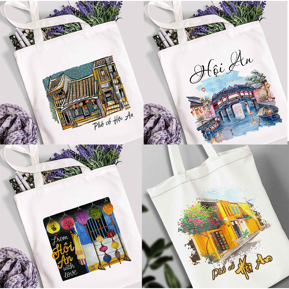 Túi vải Canvas túi Tote họa tiết Hội An - Đà Nẵng phong cách thời trang đeo vai đi chơi đựng đồ tiện dụng tota077