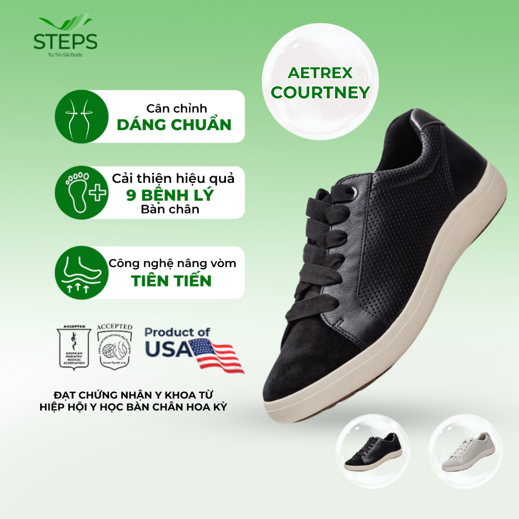 Giày thể thao sức khoẻ nữ Aetrex Courtney Black - giày nâng vòm đệm đế mềm