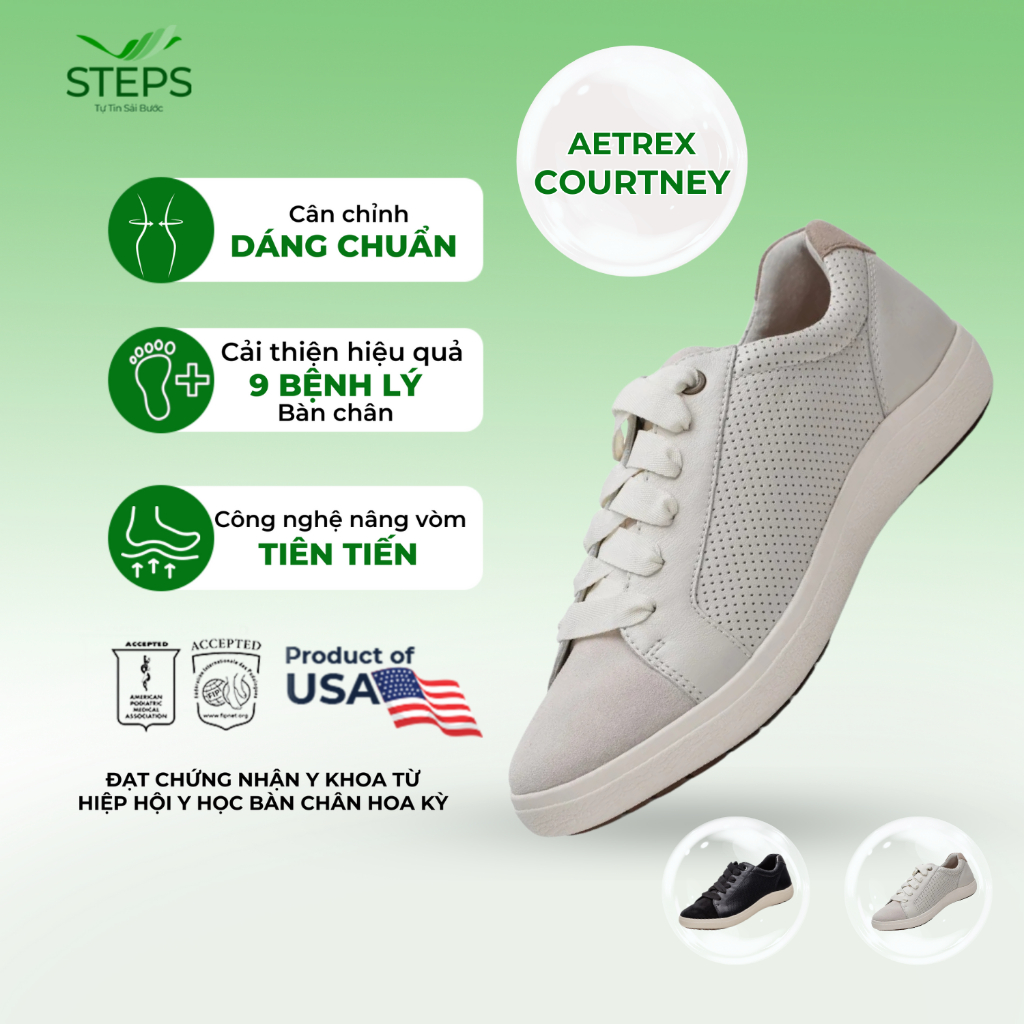 Giày thể thao sức khoẻ nữ Aetrex Courtney Chalk - giày da đệm nâng vòm êm, nhẹ