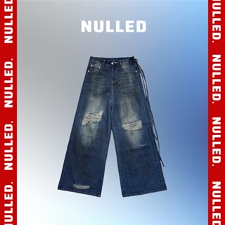 Quần ống rộng rách gối denim xanh NULLED có dây | N-Q12