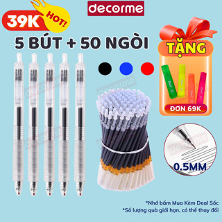 [5 bút + 50 ngòi] Bút Gel Bấm Basic DecorMe Bút Gel mực đen xanh đỏ ngòi 0.5mm bút bấm mực đều khô nhanh, viết trơn