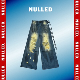 Quần jean rách gối ống rộng có dây NULLED wash màu xanh | N-Q15