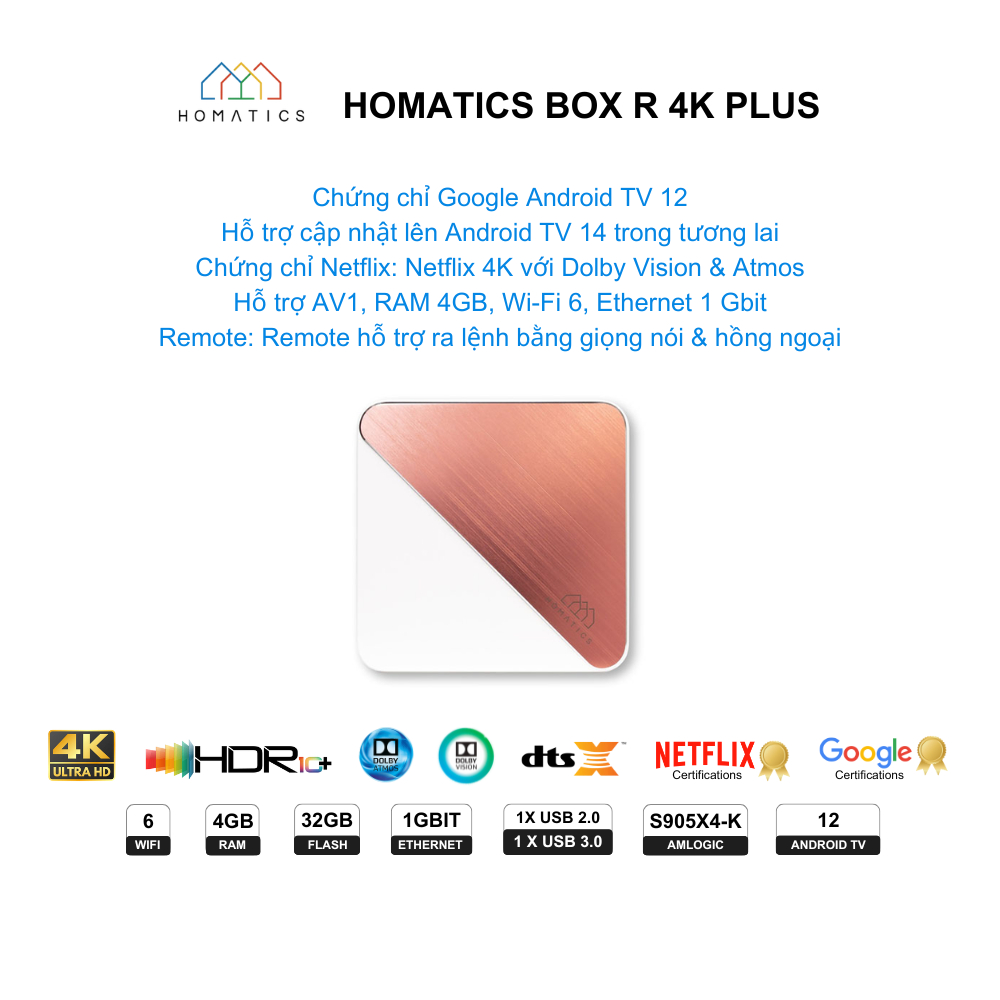 Android TV Box Homatics Box R 4K Plus / Rocktek G2 - Android TV 14, Dolby Vision, DTS:X, Netflix 4K, chứng chỉ Google