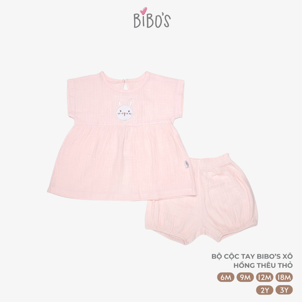 Bộ Cài Vai Cộc Tay Bé Gái Bibo’s Màu Hồng Thêu Thỏ Họa Tết Dễ Thương Chất 100% Cotton Mềm Mịn