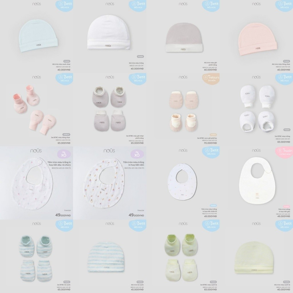 [Nous] Phụ kiện mũ + đôi bao tay + đôi bao chân Nous - Full Mẫu - cho bé sơ sinh đủ màu NB