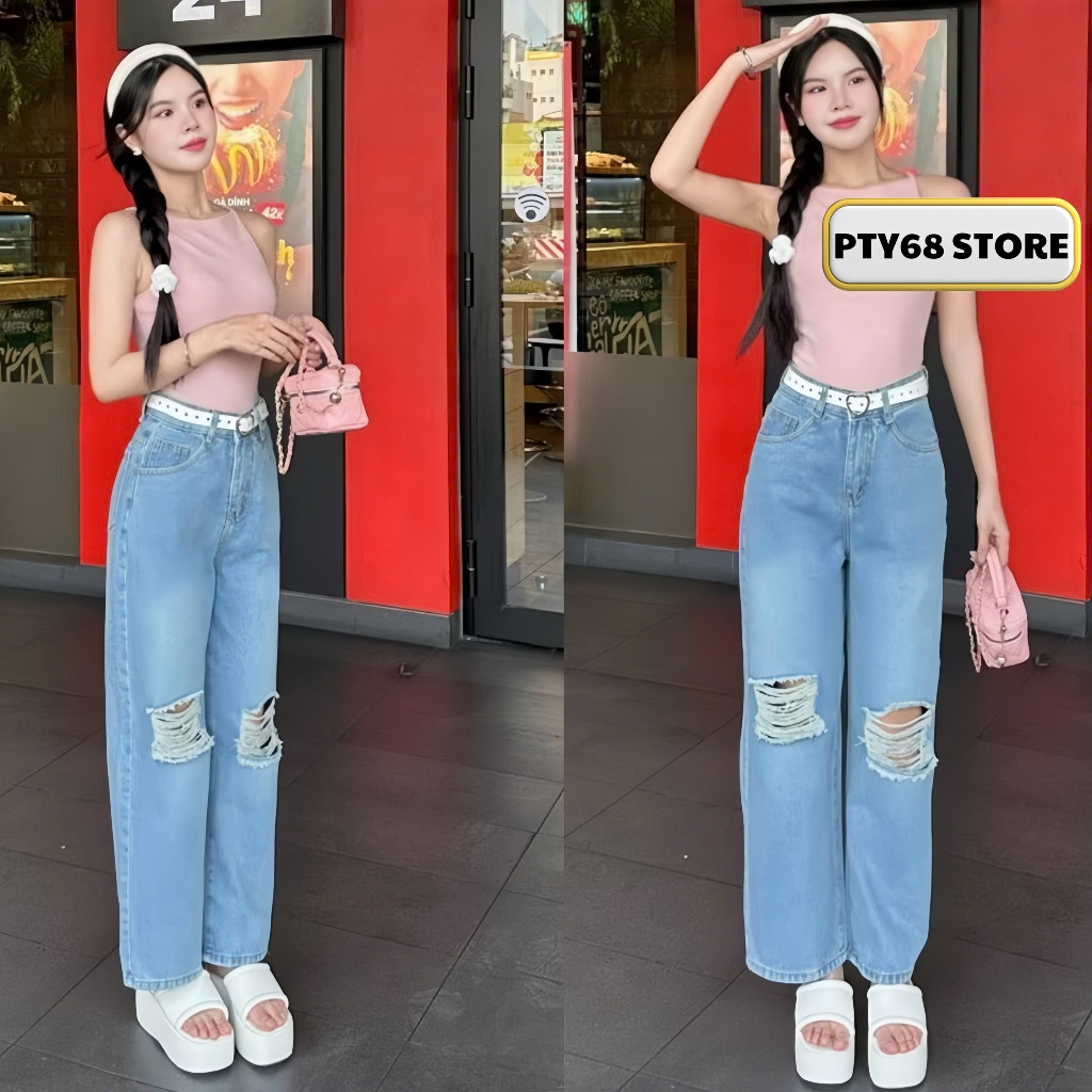 Quần Jean Nữ Suông Nấm Lùn Ống Rộng Rách Gối 95cm MS202 PTY68 STORE