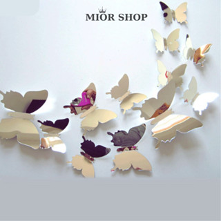 Hình dán tường 3D tráng gương set 12 con bướm trang trí decor nội thất nhiều màu sắc