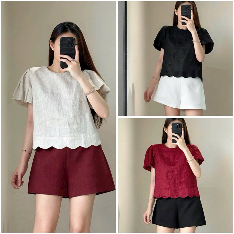 ( Sam’s Clothing ) Set áo nữ cổ tròn nút bọc lưng tay phồng + Quần short