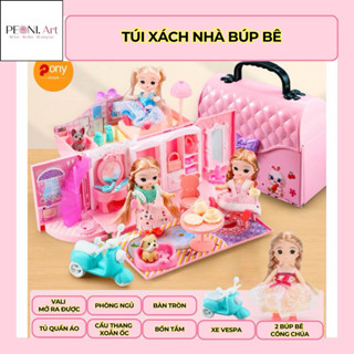 [PEONI] Ngôi Nhà Búp Bê Thiết Kế Túi Xách Vali Kèm 2 Búp Bê Và Xe, Đồ Chơi Búp Bê Cho Bé Gái
