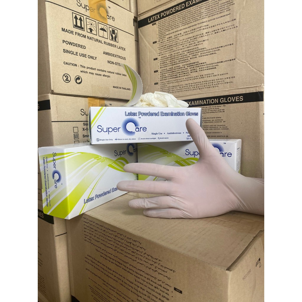 Găng tay y tế có bột Super Care Latex Powdered TL 4.8GR (100 cái) (hộp 100 chiếc - 50 ĐÔI) XS S M L