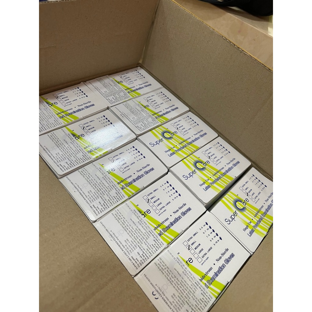1 THÙNG Găng tay y tế có bột Super Care Latex Powdered TL 4.8GR (hộp 100 chiếc - 50 ĐÔI) XS S M L