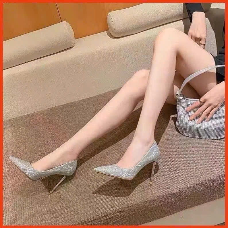 (Chân to tròn tăng 1 size) GIÀY CAO GÓT BALL TRƠN DA KIM TUYẾN mũi nhọn gót cao 7cm-9cm dành cho Nàn