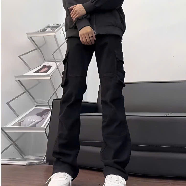 Quần Cargo Pants Túi Hộp Lên Dáng Cực Đẹp Phong  cách đen ống loe nhẹ