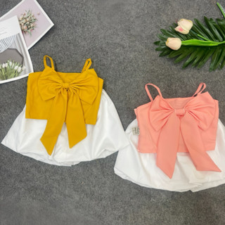 Bộ áo hai dây gắn nơ, nhúng thun sau lưng kèm quần bí 2 lớp lụa mềm, mát cho bé gái (7-16 ký ) 3 tuổi quay về