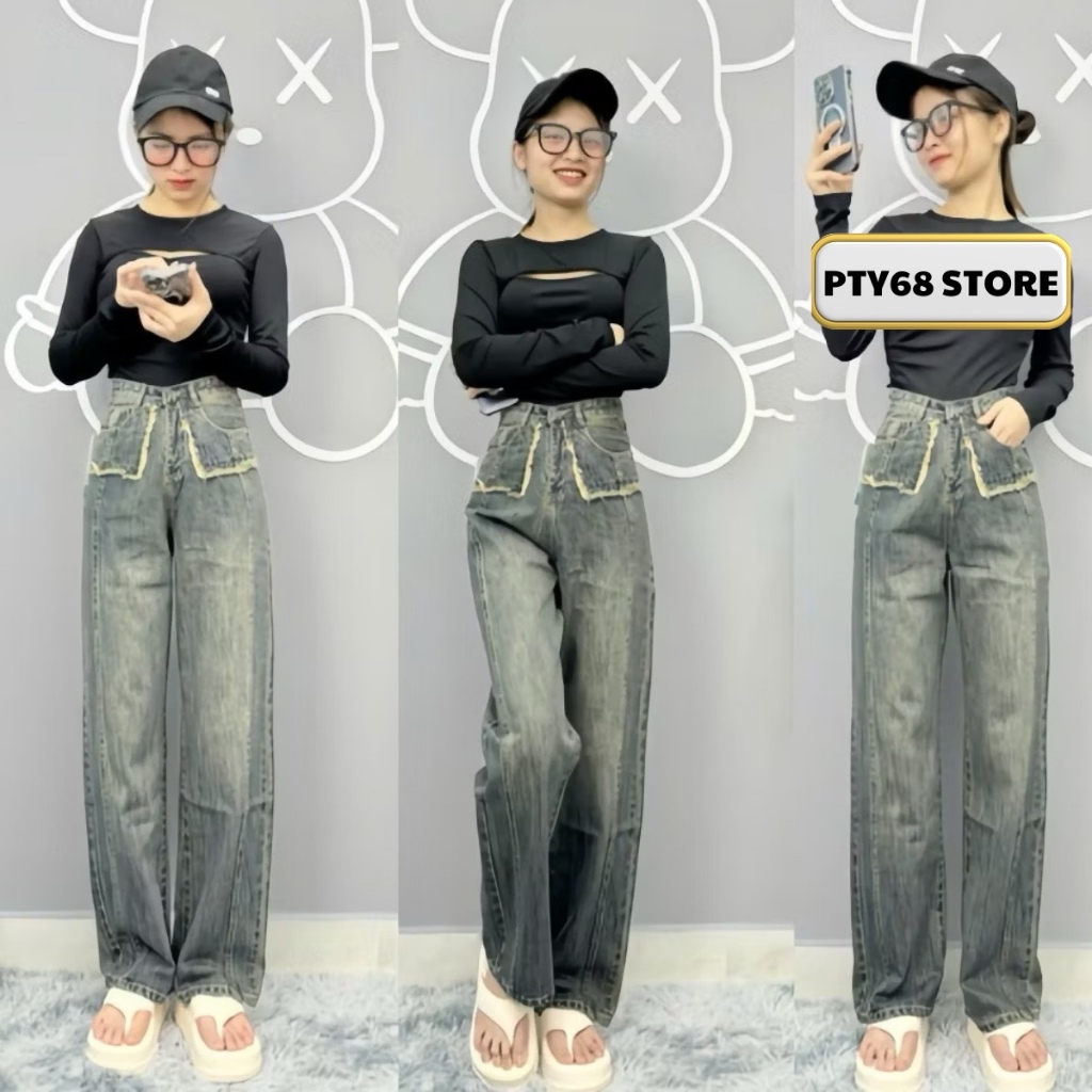 Quần jean nữ ống rộng lưng cao thiết kế túi kiểu ôm eo tôn dáng dễ phối  đồ PTY68STORE