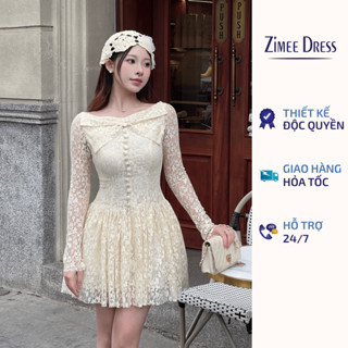  Váy Ren Hoa Khuy Bọc Nơ Cổ Bản To Tay Dài Loe Ôm Body Sadie Dress 