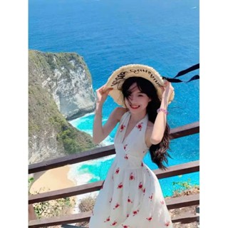 Đầm maxi đi biển dáng xòe cột nơ cổ chất tơ in bông nữ tính D803