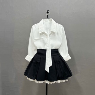  Set Phối Bigsize Nữ Công Sở Cổ Dây Nơ Vải Lụa Chéo Kèm Chân Váy Xòe Ren Mềm Chất Tây Lưng Cao SET973 