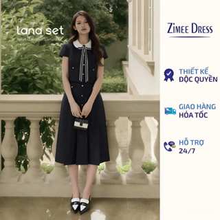 Set Áo Ngắn Tay Croptop Cổ Sen Gắn Nơ Và Chân Váy Midi Xếp Ly Lana Set