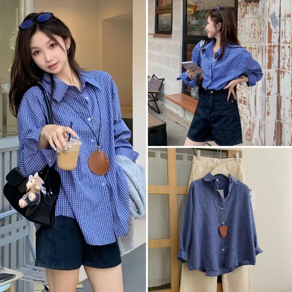 Áo Sơ Mi Nữ Kẻ Xanh Đậm Dài Tay Form Rộng Dễ Phối Đồ, Labibi