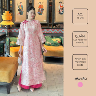 Áo dài cách tân thiết kế mới chất liệu Tơ Dệt dáng suông đính kết nơ siêu xinh