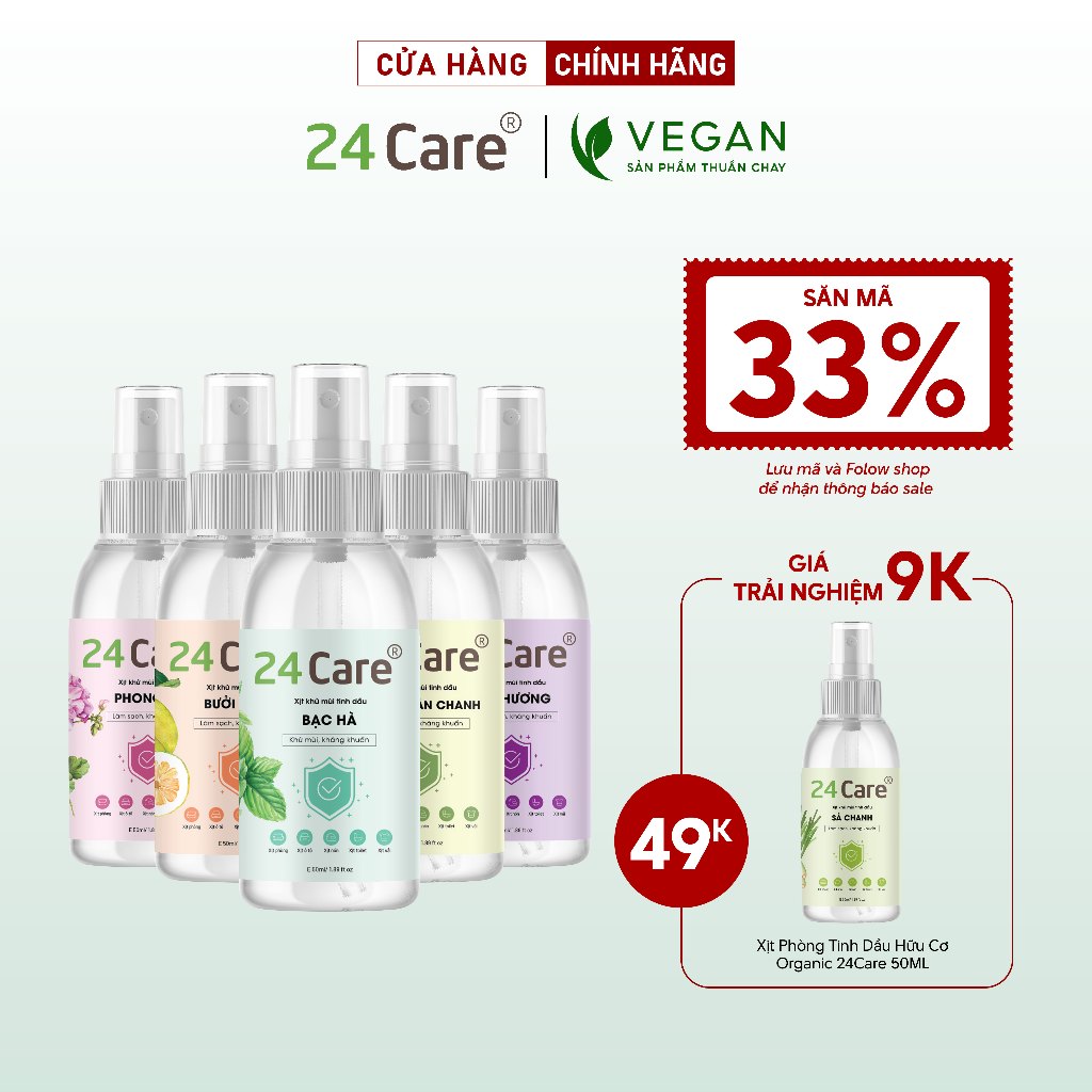 [50ML] Xịt Phòng Tinh Dầu Hữu Cơ Organic 24Care - Kháng khuẩn - Khử mùi hôi - Đuổi muỗi, côn trùng - Định tâm - Sả chanh