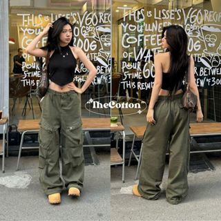 Quần Kaki Túi Hộp Nam Nữ TheCotton Quần Túi Hộp Ống Rộng Unisex Lưng Cao Cargo Vải Mềm Chun Eo Mịn Eo Chun Sau