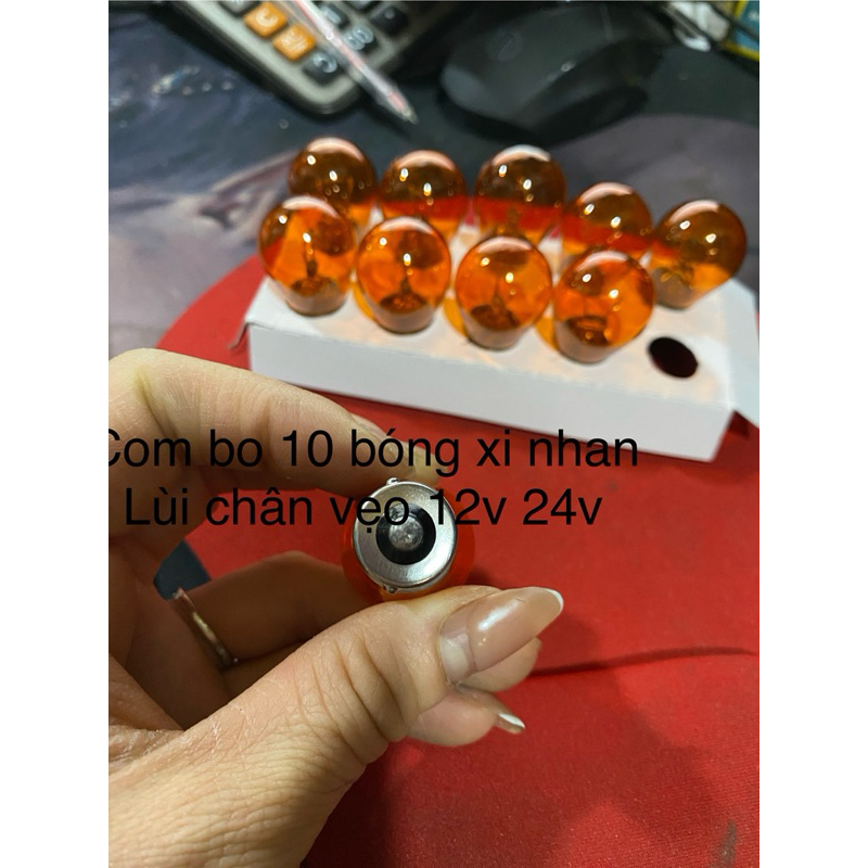 Com bo hộp 10 bóng xi nhan xe, đèn lùi xe hơi chân vẹo lệch đỏ
