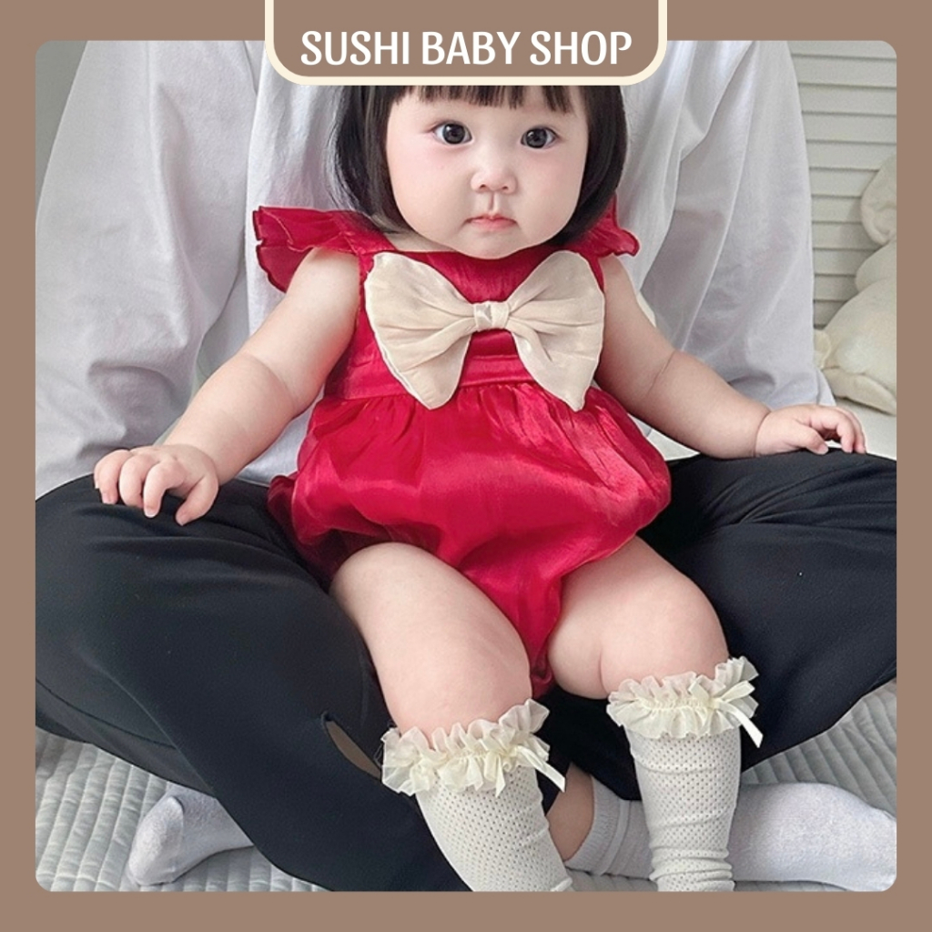 Bodysuit cho bé gái SUSHI BABY SHOP bộ đồ liền thân sơ sinh váy công chúa màu đỏ đính nơ phong cách 