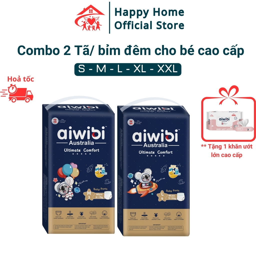 Combo 2 bỉm đêm aiwibi Australia, bỉm đêm cho bé, bỉm đêm aiwibi siêu mỏng đủ size đến 48 miếng