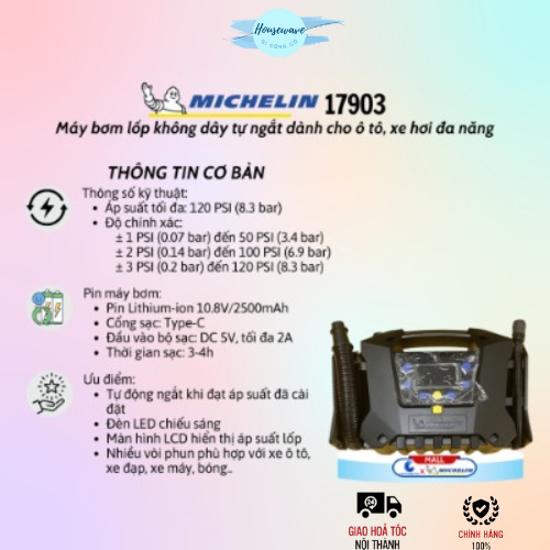 Máy bơm lốp Ô Tô Michelin 17903 không dây cao cấp - 100% Chính Hãng