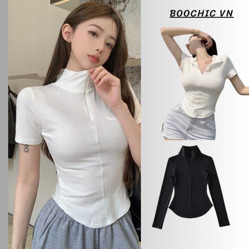 (Form nhỏ) Áo thun cổ đứng khoá kéo đuôi tôm chất liệu tăm hàn định lượng 250GSM - BOOCHIC | BigBuy360 - bigbuy360.vn