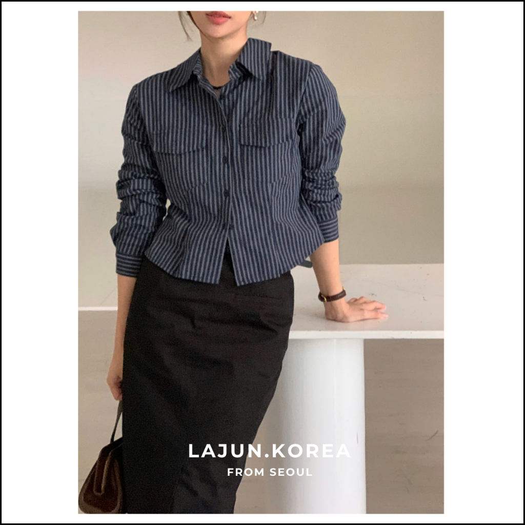 [LAJUN KOREA] Áo Sơ Mi Croptop Kẻ Rover Chiết Eo Nhẹ Chất Liệu Dày Dặn Mùa Xuân Hè Hàn Quốc