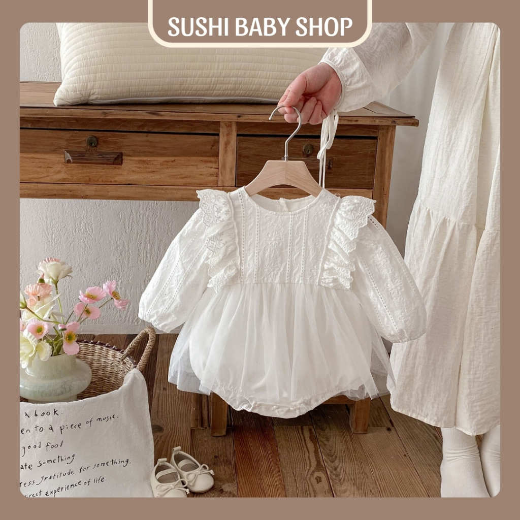 Váy trắng cho bé gái SUSHI BABY SHOP bodysuit liền thân sơ sinh đầm đầy tháng thôi nôi phong cách ti