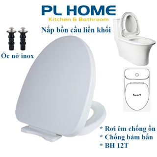 Nắp bồn cầu đóng rơi êm dùng cho bồn cầu liền khối thân dài, kiểu nắp chữ V, màu trắng, đầy đủ phụ kiện chân ốc đi kèm
