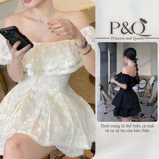 Đầm váy ngắn trễ vai ren hoa dáng xòe, phong cách tiểu thư ngọt ngào màu đen và trắng | P&Q set24