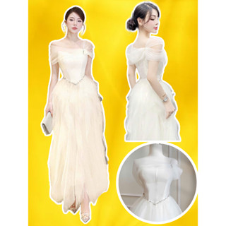 Đầm Váy Trắng tiểu thư trễ vai Tafta phối lưới đính đá eo cô dâu đi bàn sang chảnh maxi xoè dài chiết eo TAHI