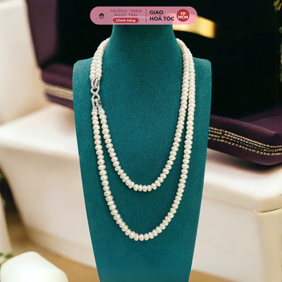 Chuỗi Ngọc Trai Đôi Hạt Bắp Dẹt 7ly Độ Sáng 5A Sang Trọng Chiều Dài 48-58cm - Ngọc Trai Trường Thịnh